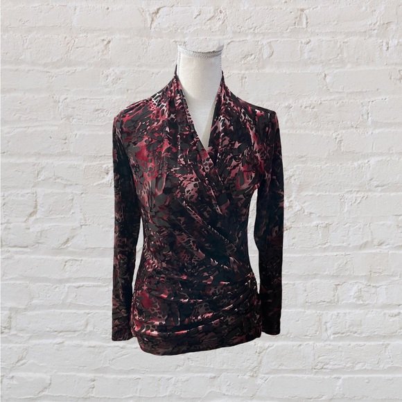Karen Kane red black velvet burn out blouse size small faux wrap spandex sheer - Picture 4 of 16